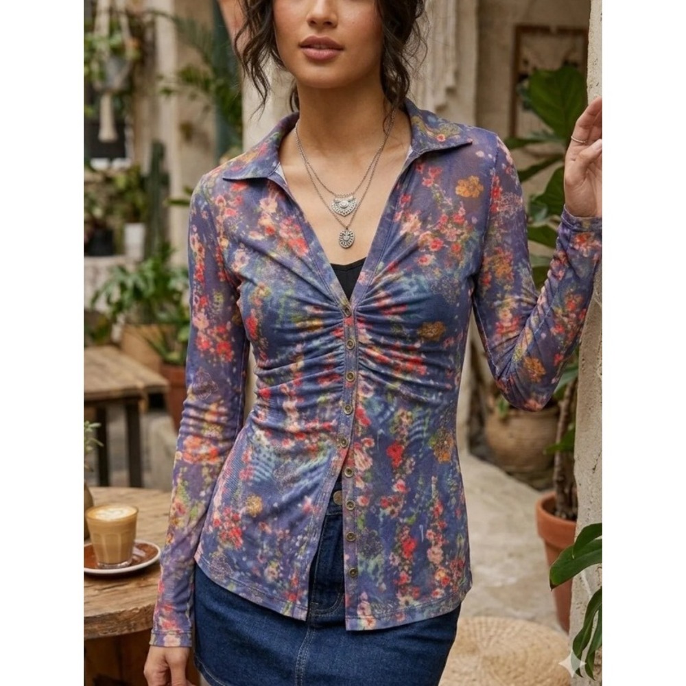Natural Life Carina Mesh Floral Ruched Top Navy Sheer Button Down Boho Size S